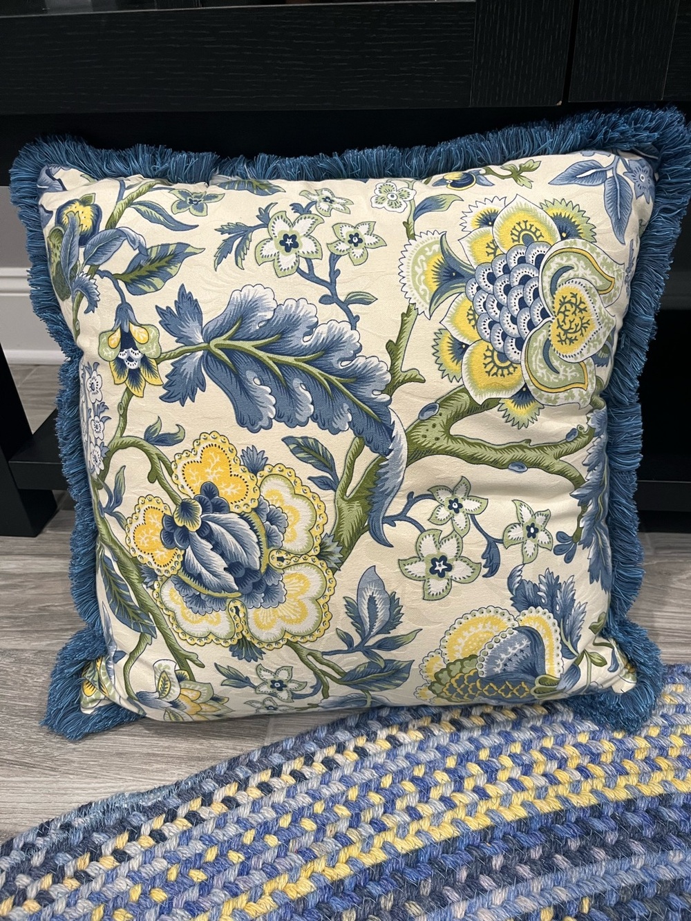 Waverly Imperial Dress Throw Pillow Blue Yellow Green Jacobean Floral & stripe
